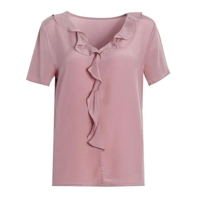 100% REAL SILK Crepe Short Sleeved Ruffled Collar Blouse
