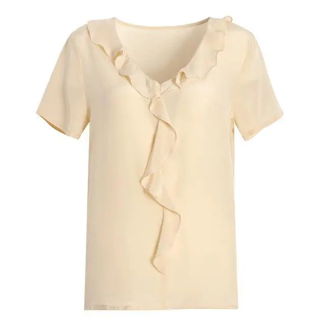 100% REAL SILK Crepe Short Sleeved Ruffled Collar Blouse