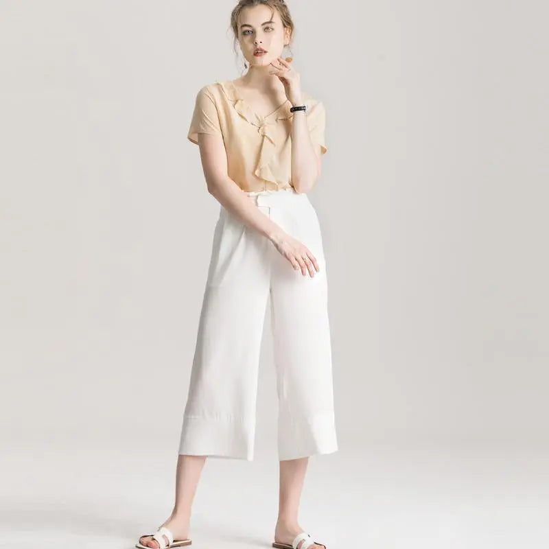 100% REAL SILK Crepe Short Sleeved Ruffled Collar Blouse