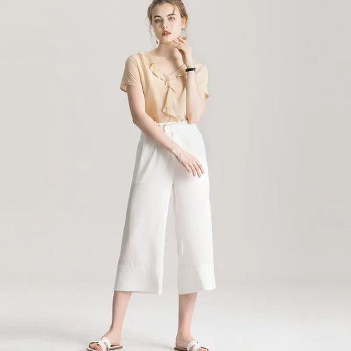 100% REAL SILK Crepe Short Sleeved Ruffled Collar Blouse