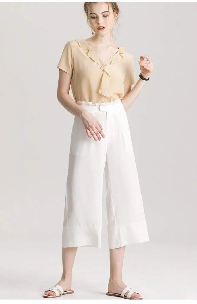 100% REAL SILK Crepe Short Sleeved Ruffled Collar Blouse