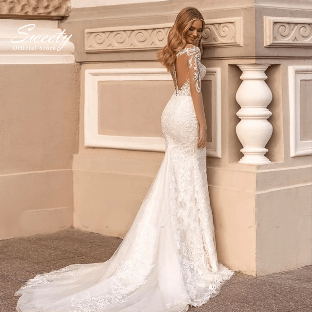 Lace Mermaid Wedding Dress – Detachable Ruffle Skirt, Beaded Detail & Button Back, Custom Made