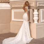 Lace Mermaid Wedding Dress – Detachable Ruffle Skirt, Beaded Detail & Button Back, Custom Made