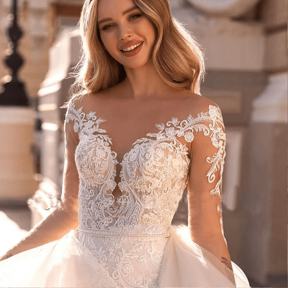 Lace Mermaid Wedding Dress – Detachable Ruffle Skirt, Beaded Detail & Button Back, Custom Made