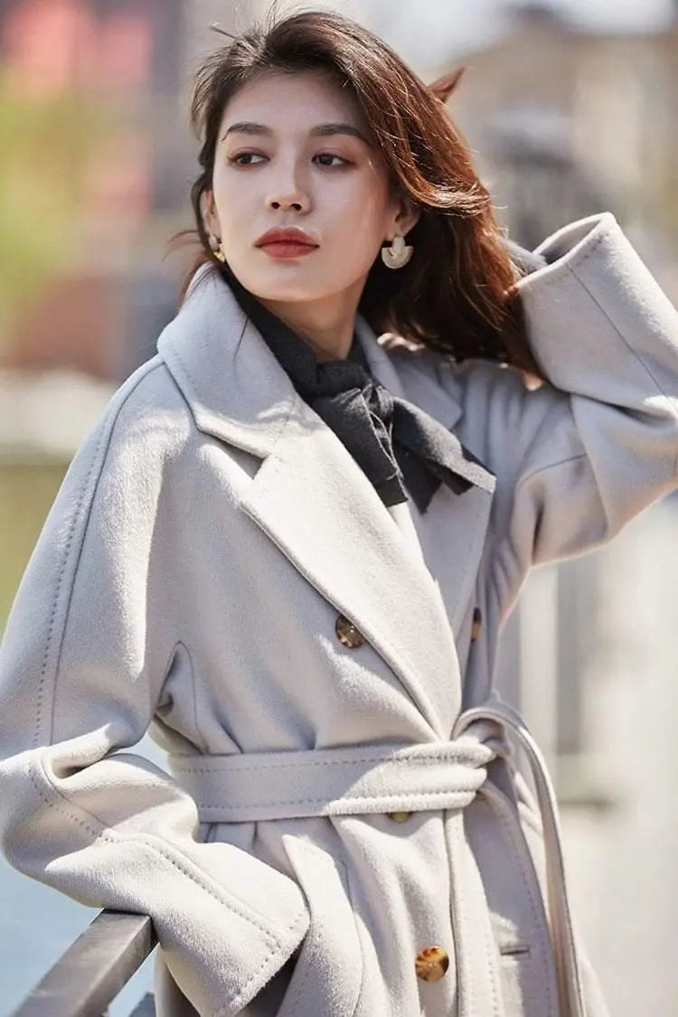 100% Wool Elegant Double Breasted Belted Warm Wool Coat