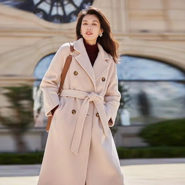 100% Wool Elegant Double Breasted Belted Warm Wool Coat