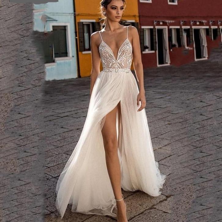 Sexy Boho Spaghetti Strap Lace Beach Wedding Dress – Lightweight & Elegant, Custom Made