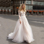Long Sleeve Boho V-Neck Wedding Dress – Ivory Lace Appliqués & Romantic Beach Style, Custom Made