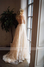 Long Sleeve Champagne Wedding Dress – Sexy Open Back Bridal Design, Custom Made