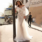 Sexy Mermaid Puff Sleeve Wedding Dress – Scoop Neck & Boho-Inspired Fit, Custom Made