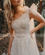 One-Shoulder Pleated Wedding Dress – Beaded Appliqué Lace Detailing, Custom Made