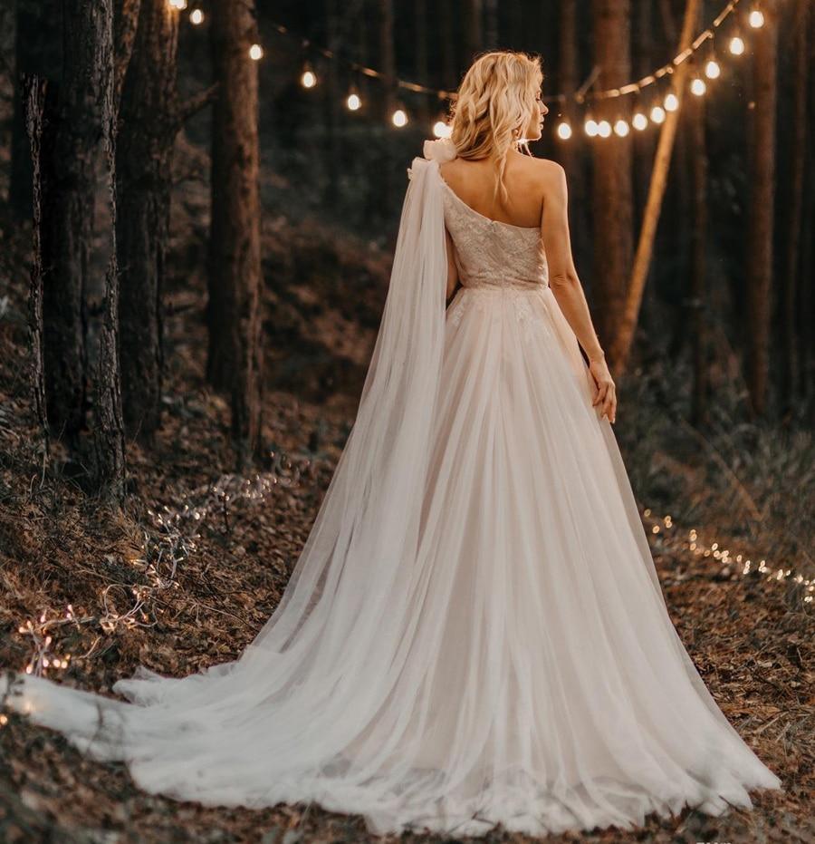 One-Shoulder Pleated Wedding Dress – Beaded Appliqué Lace Detailing, Custom Made