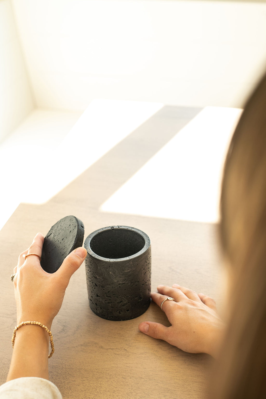 Travertine and Lava Rock Jar with Lid