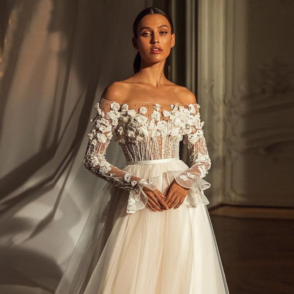 Romantic 3D Floral Wedding Dress – Beaded Boat Neck with Long Sleeves, Custom Made