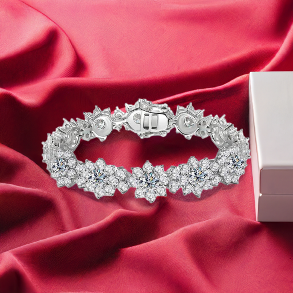 100% 925 Sterling Silver Sunflower Moissanite Bracelet, 18.7-20.4cttw - Women's Diamond Hand Chain, Fine Jewelry Gift