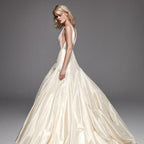 Satin A-Line Wedding Gown – Sleeveless V-Neck with Ruched Detailing, Custom Made
