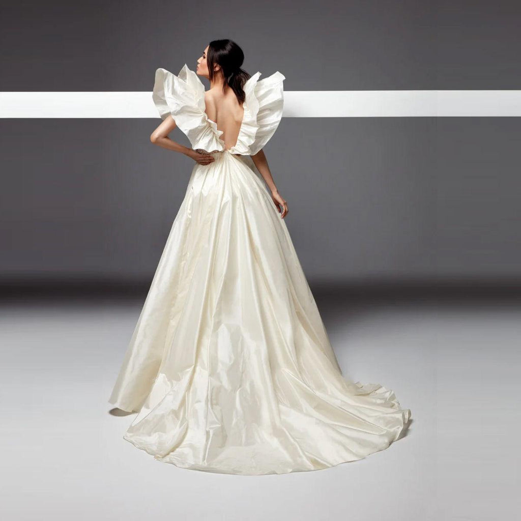 Satin A-Line Wedding Gown – Sleeveless V-Neck with Ruched Details, Custom Made
