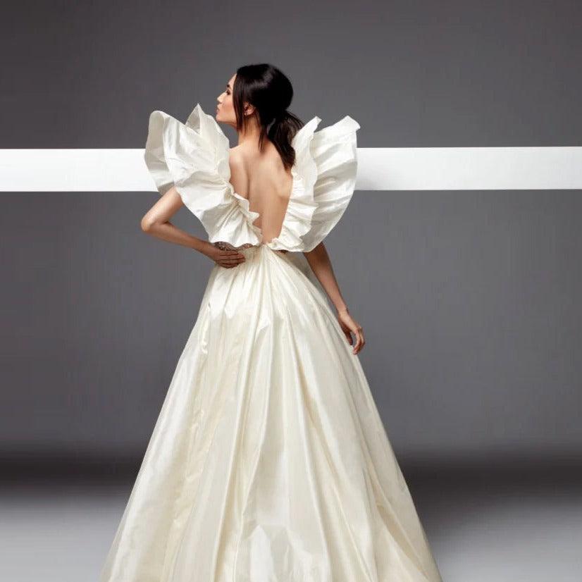 Satin A-Line Wedding Gown – Sleeveless V-Neck with Ruched Details, Custom Made