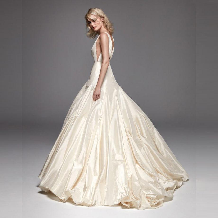 Satin A-Line Wedding Gown – Sleeveless V-Neck with Ruched Detailing, Custom Made