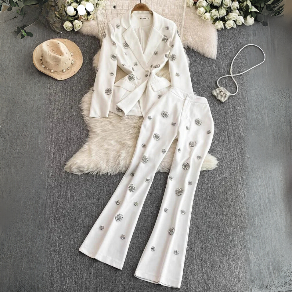 Commuter Style Two-piece Sets Women Outfits Diamond-encrusted Flower High Waist Versatile Blazer Coat+ High-waisted Trousers