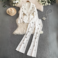 Commuter Style Two-piece Sets Women Outfits Diamond-encrusted Flower High Waist Versatile Blazer Coat+ High-waisted Trousers