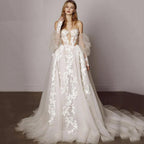 Princess Illusion Wedding Dress – Deep V-Neck Corset & Sweep Train, Custom Made