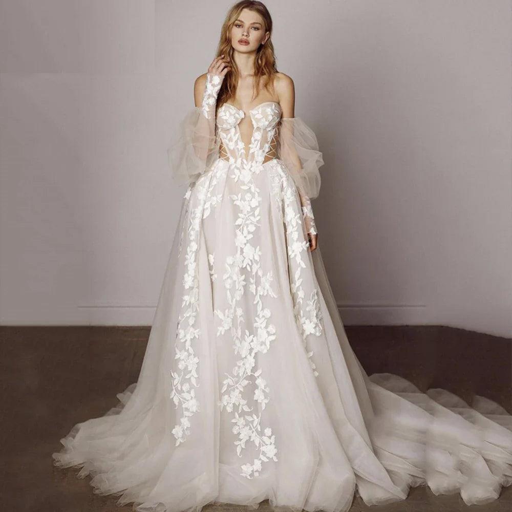 Princess Illusion Wedding Dress – Deep V-Neck Corset & Sweep Train, Custom Made