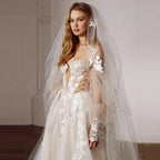 Princess Illusion Wedding Dress – Deep V-Neck Corset & Sweep Train, Custom Made