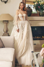 Princess Illusion Wedding Dress – Deep V-Neck Corset & Sweep Train, Custom Made