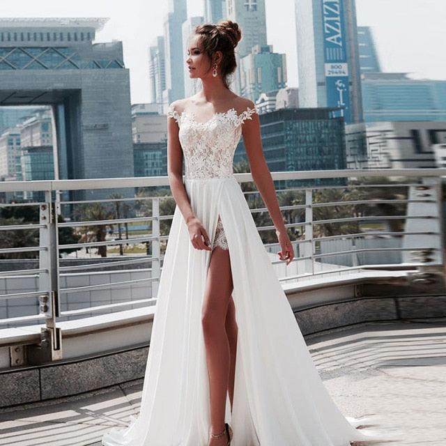 Vintage Lace Boho Beach Wedding Gown – A-Line with Romantic Appliqués, Custom Made