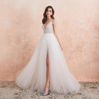 Sexy V-Neck Beaded A-Line Wedding Dress – High Split & Pearl Details, Custom Made