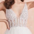 Sexy V-Neck Beaded A-Line Wedding Dress – High Split & Pearl Details, Custom Made