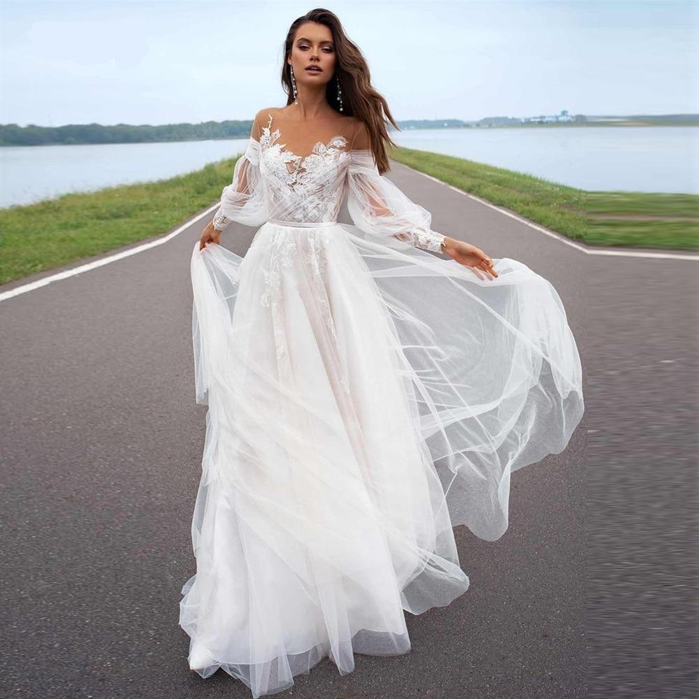 Long Sleeve A-Line Wedding Dress – Sweep Train & Elegant Bridal Look, Custom Made