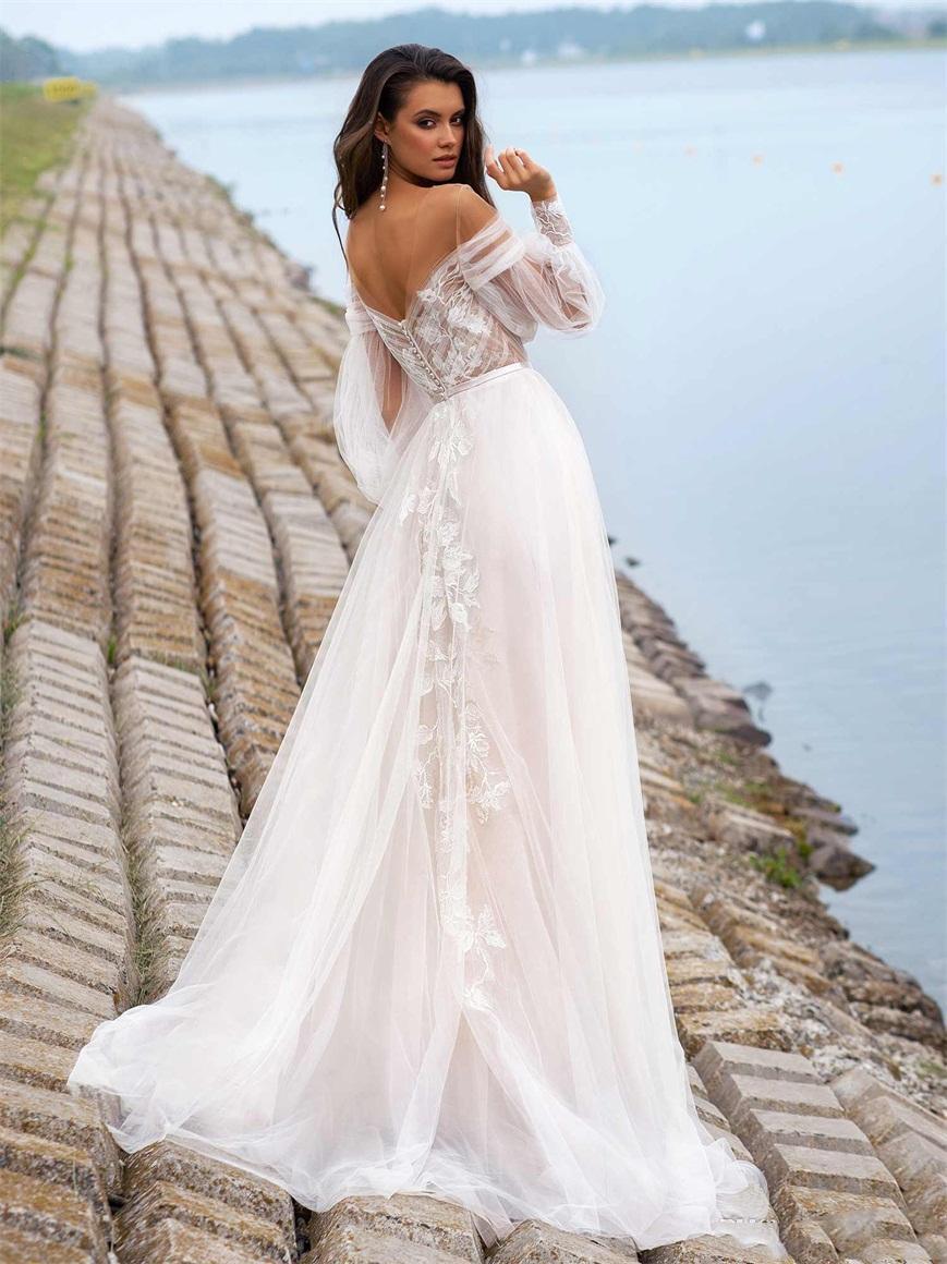 Long Sleeve A-Line Wedding Dress – Sweep Train & Elegant Bridal Look, Custom Made