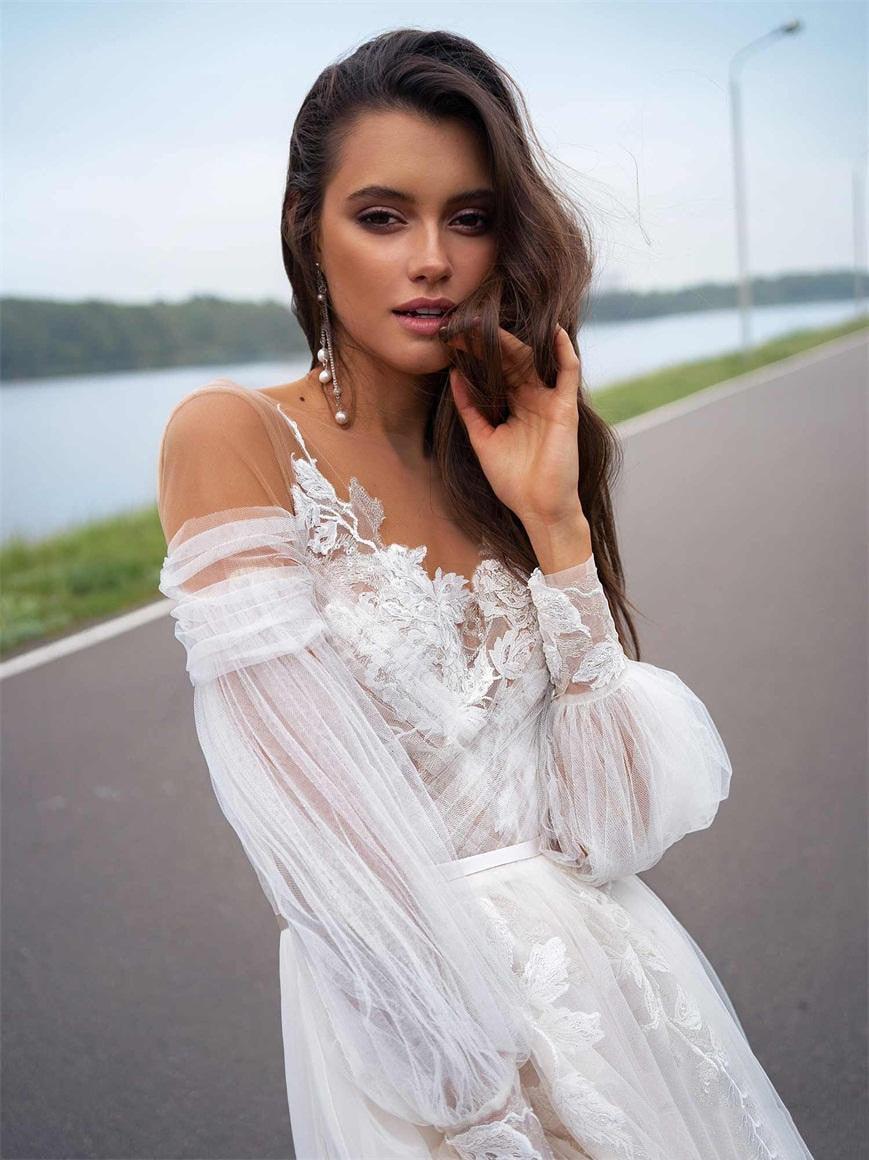 Long Sleeve A-Line Wedding Dress – Sweep Train & Elegant Bridal Look, Custom Made