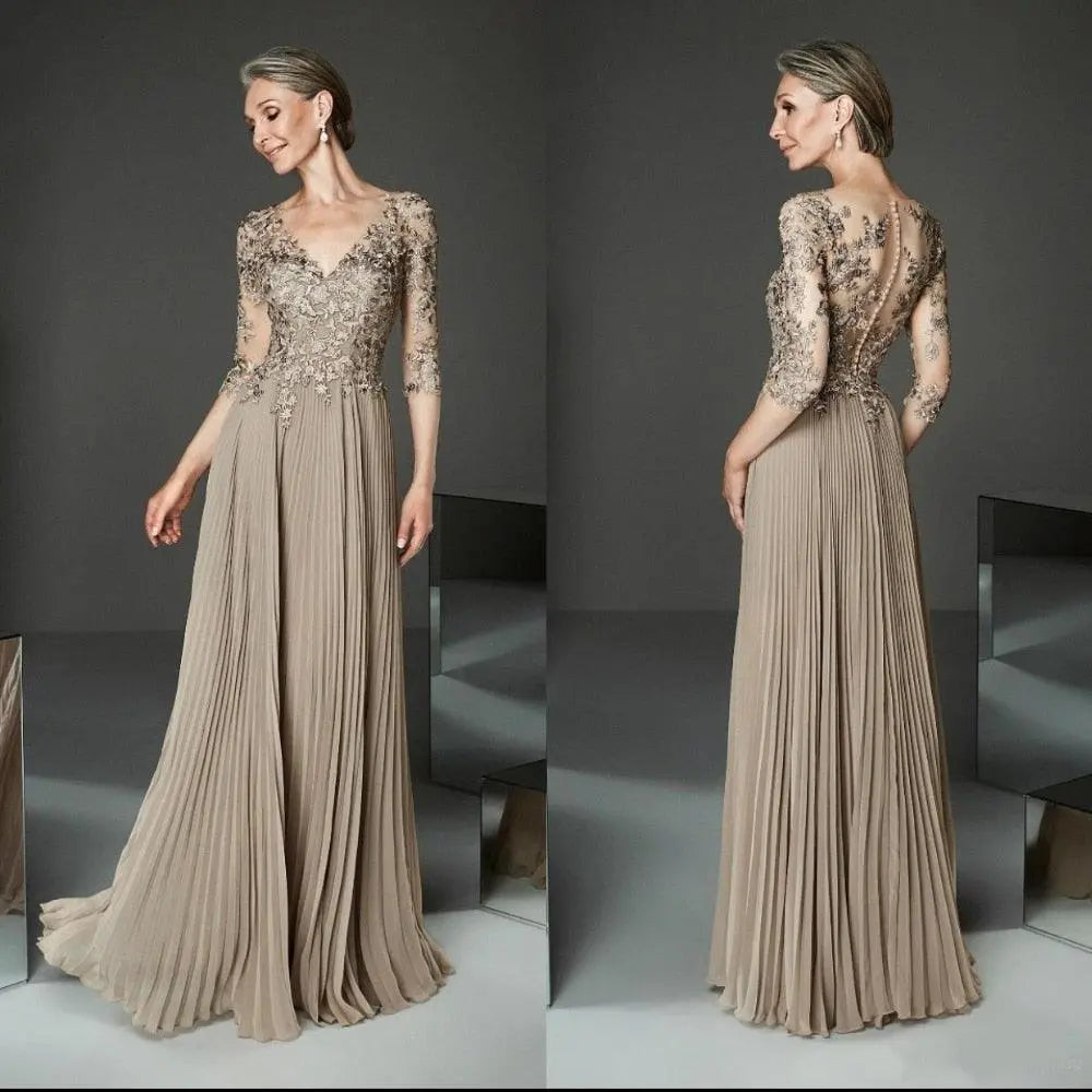 Half Sleeve Pleated A-Line Mother of Bride Dress