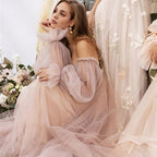 Pink Boho Wedding Dress – Off-the-Shoulder Beach Gown with Puff Sleeves & Beading, Custom Made
