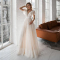 Cap Sleeve Lace Appliqué Champagne Dot Tulle Boho Wedding Dress – Whimsical Design, Custom Made