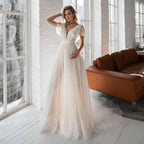 Cap Sleeve Lace Appliqué Champagne Dot Tulle Boho Wedding Dress – Whimsical Design, Custom Made