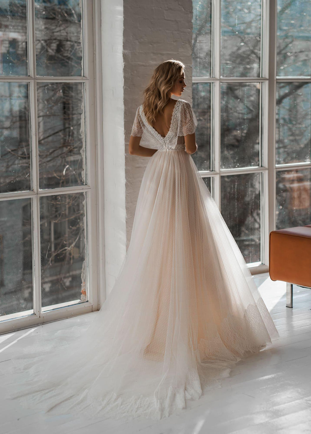 Cap Sleeve Lace Appliqué Champagne Dot Tulle Boho Wedding Dress – Whimsical Design, Custom Made