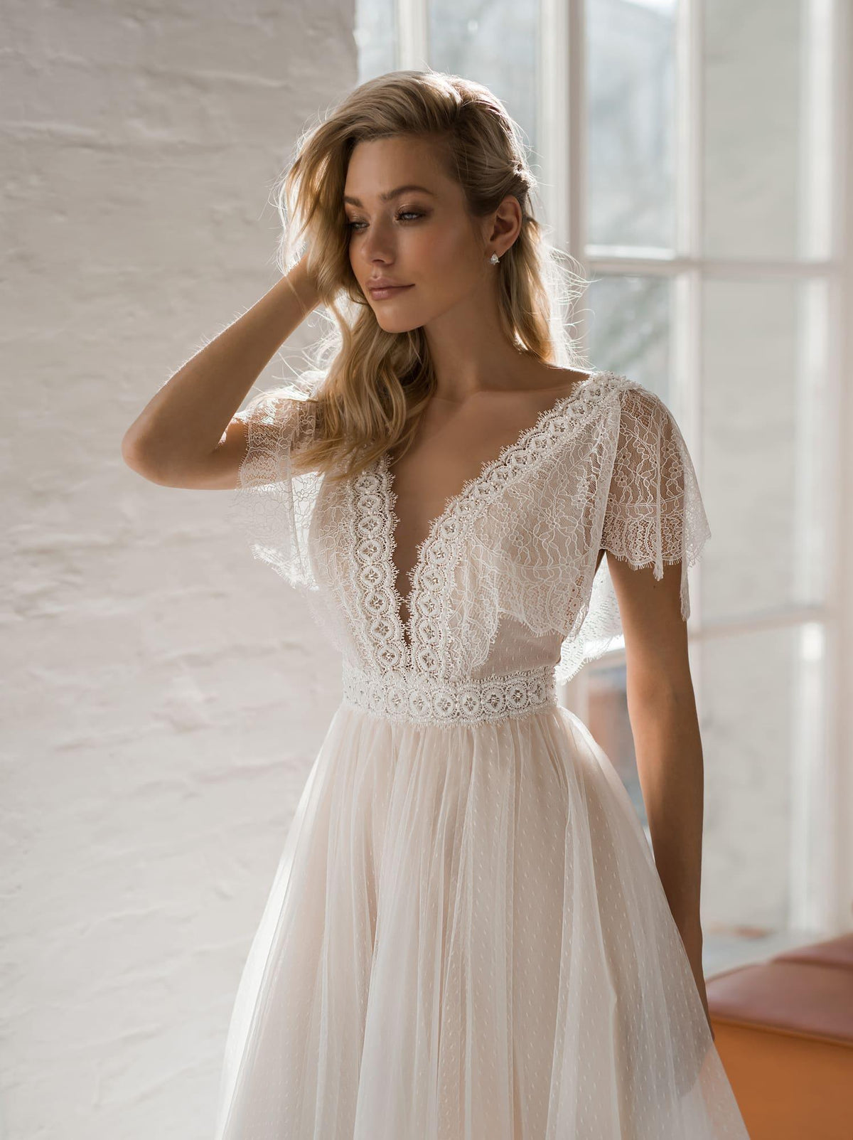 Cap Sleeve Lace Appliqué Champagne Dot Tulle Boho Wedding Dress – Whimsical Design, Custom Made