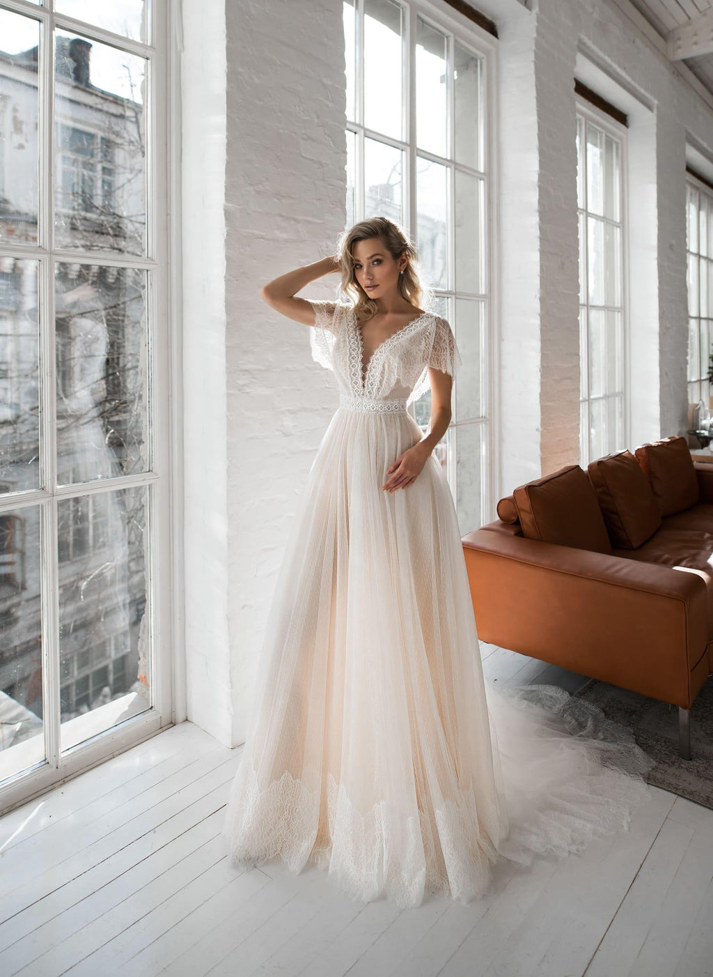 Cap Sleeve Lace Appliqué Champagne Dot Tulle Boho Wedding Dress – Whimsical Design, Custom Made
