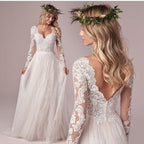 V-Neck Floor-Length Wedding Dress – Long Sleeves & Corset Low Back, Custom Made