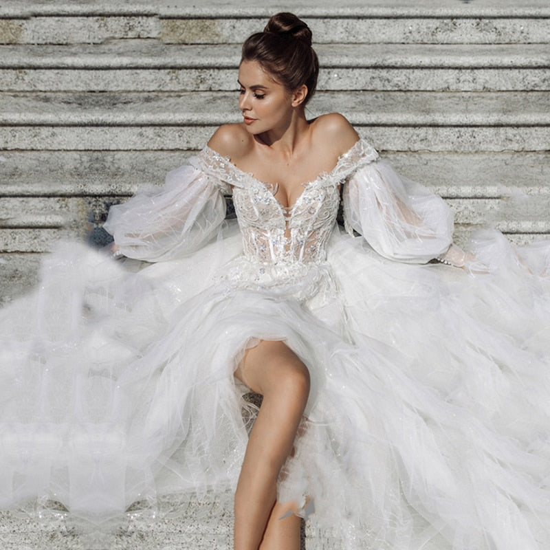 Bohemian Off-the-Shoulder Lace Appliqué Wedding Dress – Puffy Sleeves & Romantic Boho Style, Custom Made