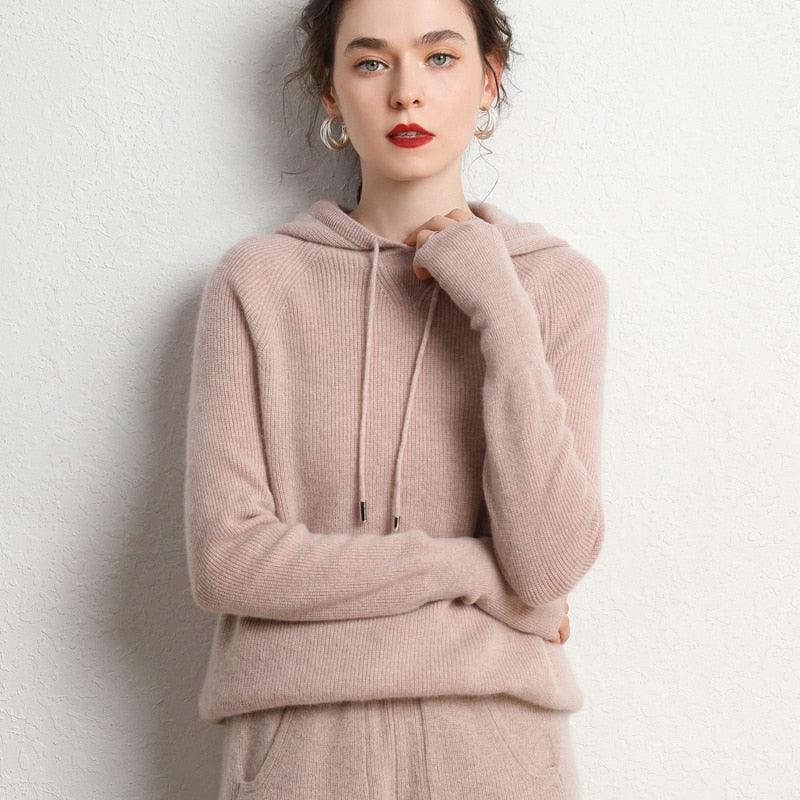 Autumn and Winter Women's Cashmere Hooded Sweater(Pants Not Included)