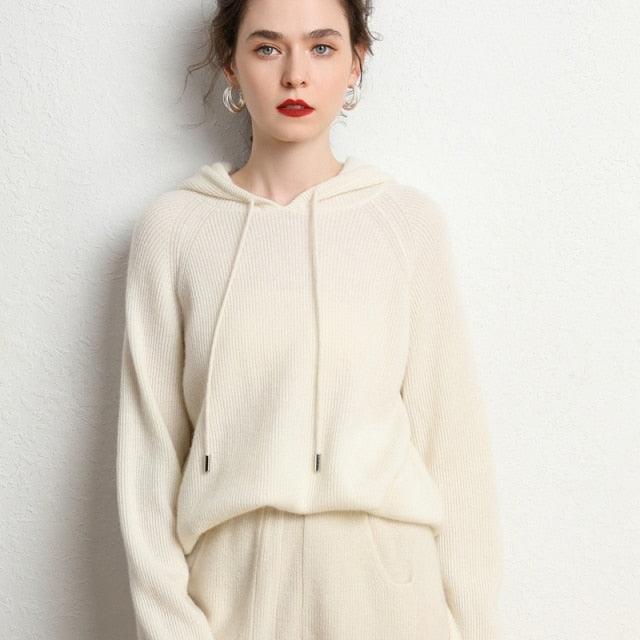 Autumn and Winter Women's Cashmere Hooded Sweater(Pants Not Included)