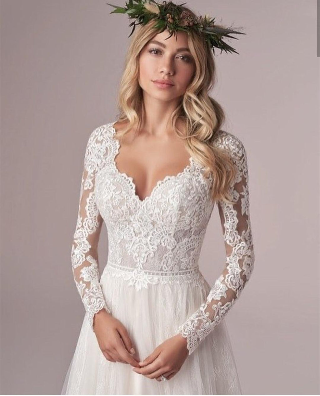 V-Neck Floor-Length Wedding Dress – Long Sleeves & Corset Low Back, Custom Made
