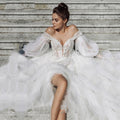 Bohemian Off-the-Shoulder Lace Appliqué Wedding Dress – Puffy Sleeves & Romantic Boho Style, Custom Made