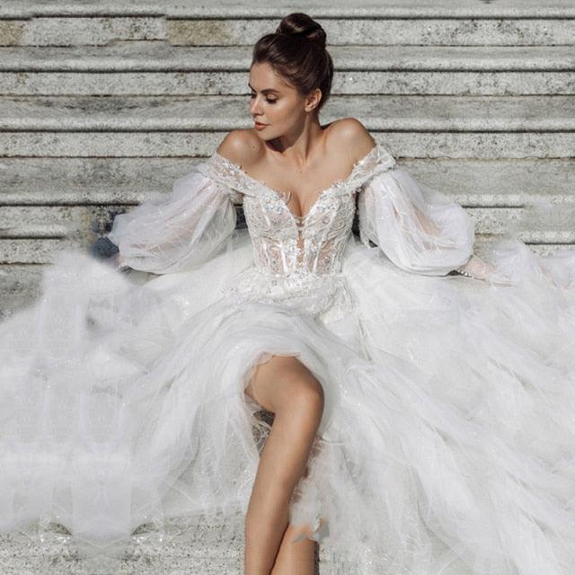 Bohemian Off-the-Shoulder Lace Appliqué Wedding Dress – Puffy Sleeves & Romantic Boho Style, Custom Made