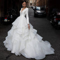 Romantic V-Neck Beach Wedding Dress – Long Sleeves with Ruffles, Custom Made